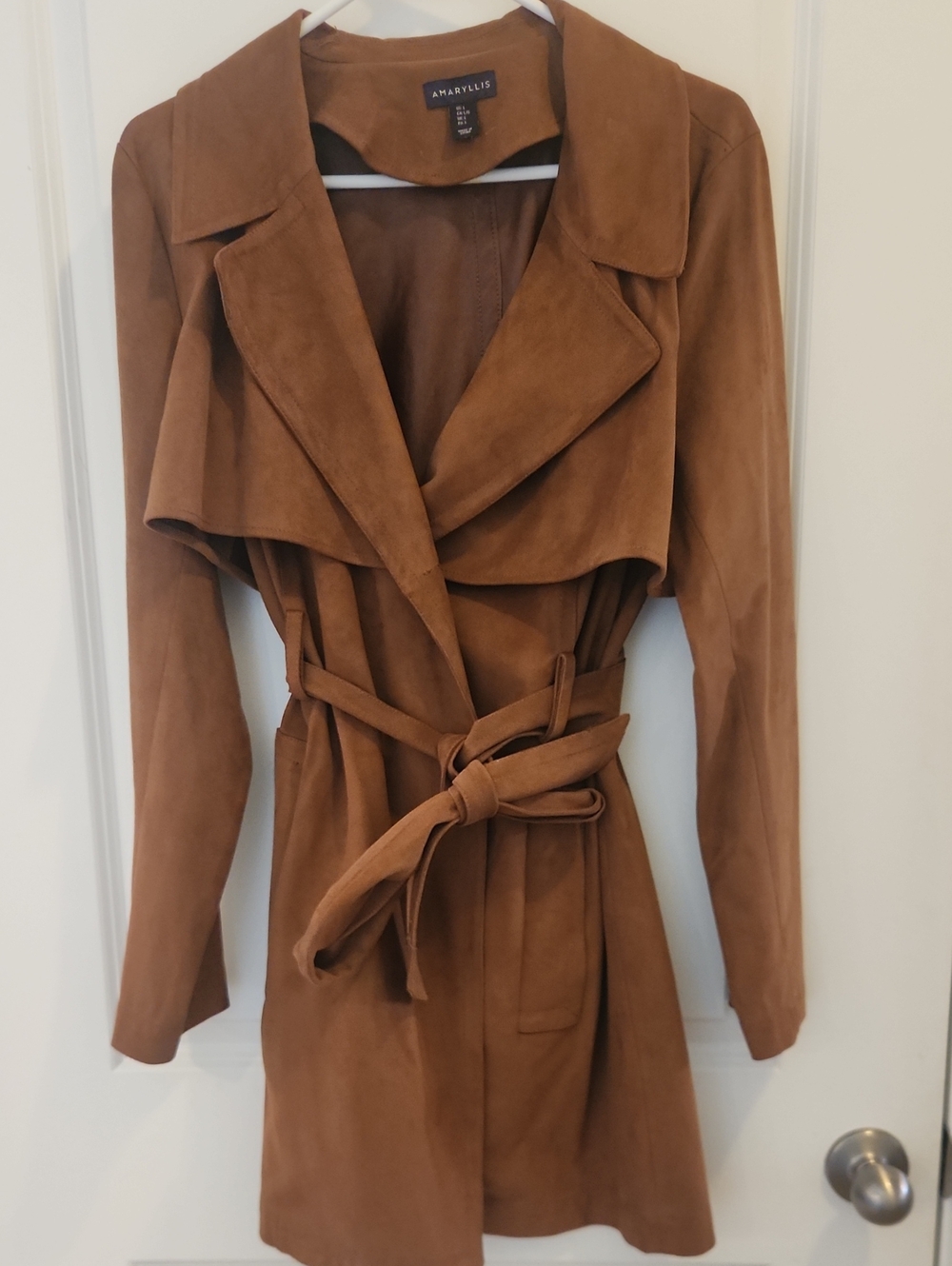 Amaryllis Suede-Look Tan Trench Coat with Self Tie Belt